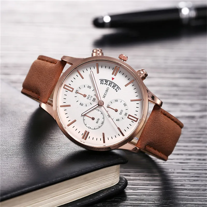 Повседневные мужские деловые часы с кожаным кварцем роскошные календарем и