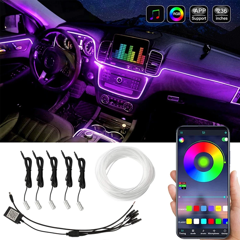 

Car Atmosphere Lights EL Neon Wire Strip Light RGB Multiple Modes App Sound Control Auto Interior Decorative Ambient Neon Lamp