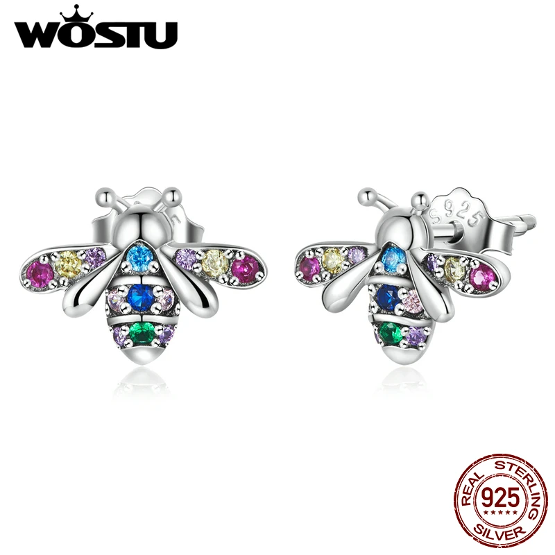 

WOSTU Genuine 925 Sterling Silver Zircon Colorful Bee Beetle Spider Stud Earrings Women Girls Minimalist Cute Fine Jewelry Gift