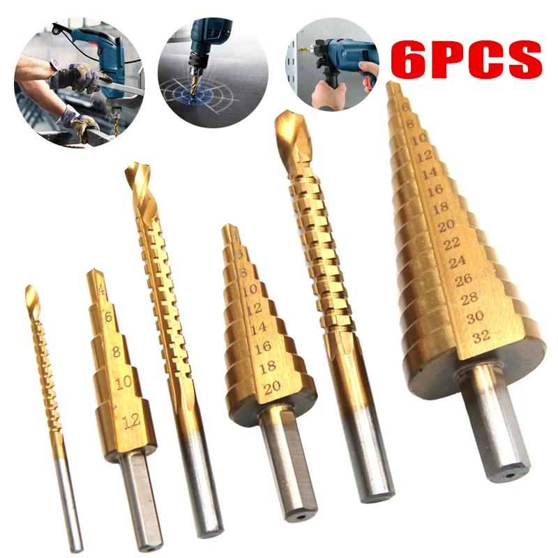 

6PCS Step Drill Bits Set Hole Saw Cutting Metal Tapered Pagoda Milling Cutter 4-12mm 4-20mm 4-32mm HSS Triangular Shank