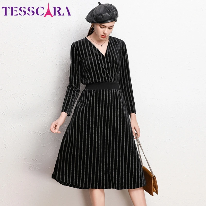Женское осеннее элегантное бархатное платье TESSCARA в полоску женское дизайнерское