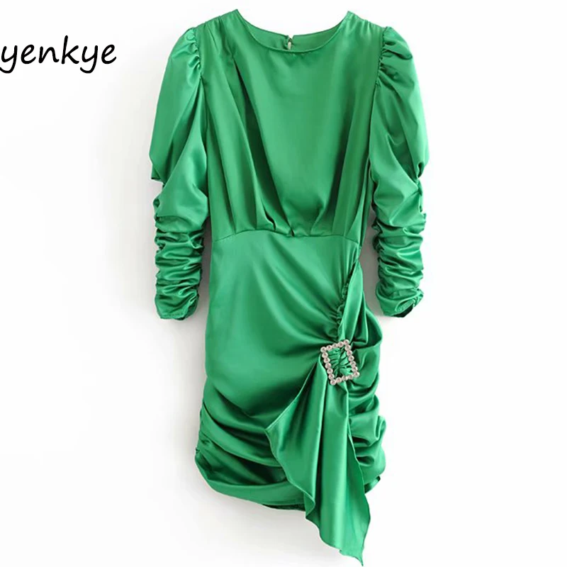 Женское вечернее платье с открытой спиной зеленое облегающее длинным рукавом и