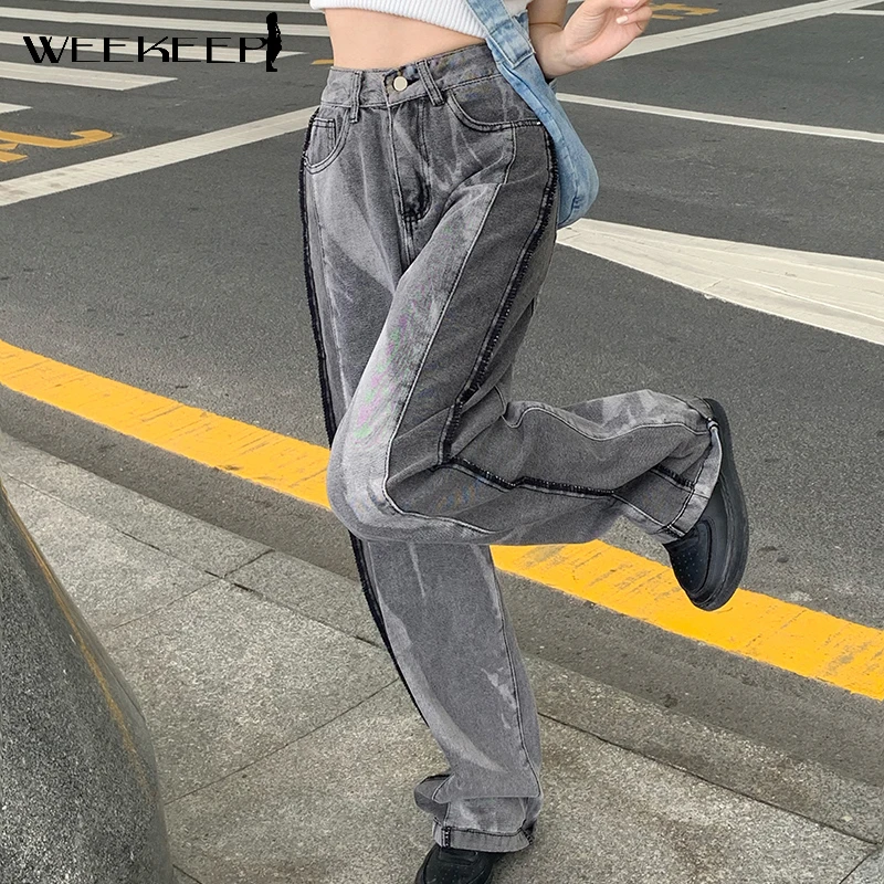 

Weekeep Grey Tie Dye Patchwork Jeans Women High Waist Straight Trousers Streetwear Loose Casual Denim Pants Harajuku 90s Vintage