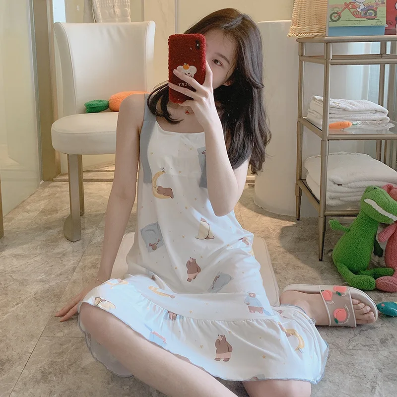 Summer New Vest Nightdress Women's Cartoon Sexy Nightgown Female Thin Korean Princess Sweet Nightwear Home Clothes Sleeopwear