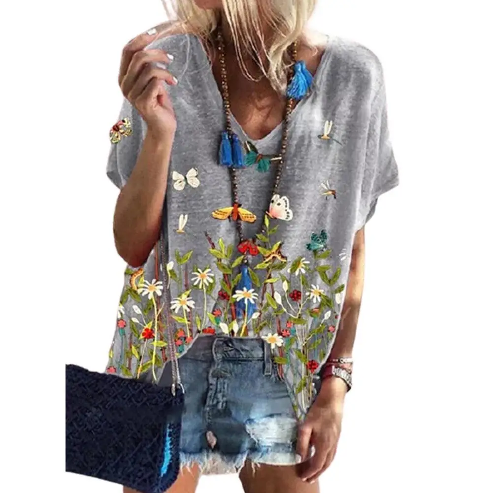 

Fashion Summer Floral Printed Women's Short Sleeve Loose V-Neck Female Shirt T mujer Top Casual T-shirt de camisetas T-shir O3K8