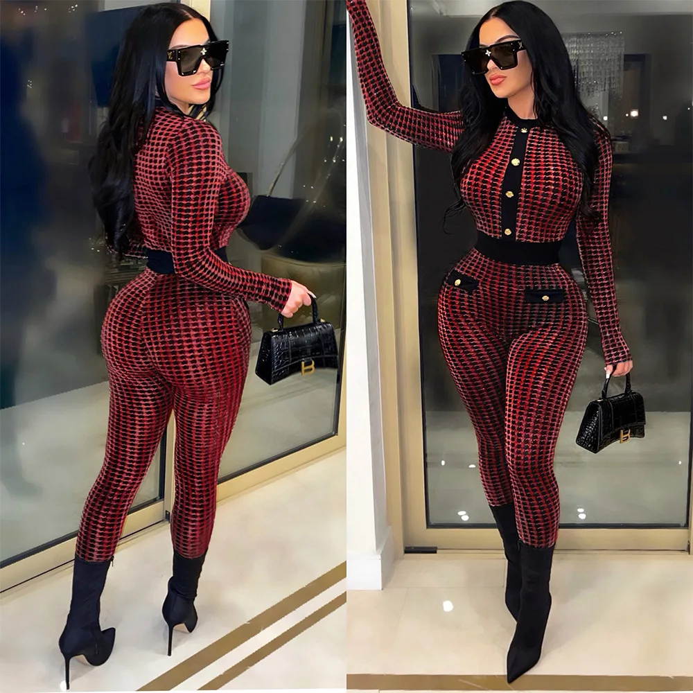 Женский жаккардовый комбинезон RMSFE облегающий длинный на пуговицах с длинным