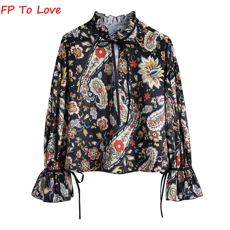 

FP To Love Woman Ruffles Print Blouse Vintage Bow Flare Long-Sleeves 2022SS Spring Summer Stylish Bohemia