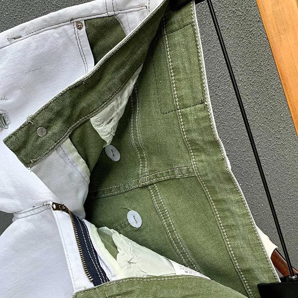 Модные белые рваные джинсы Мужские обтягивающие джинсовые штаны облегающие