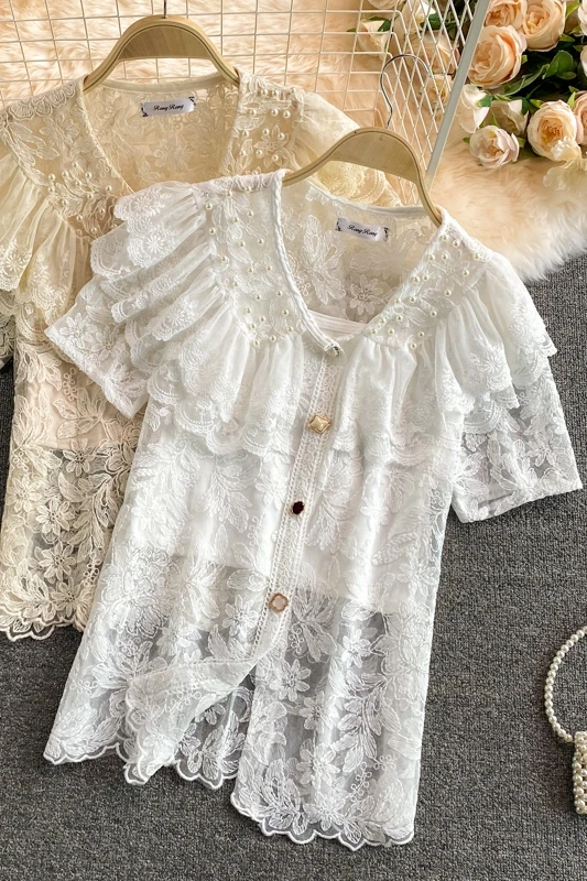 

2021 Summer New Slim V-neck Shirt Blouse Women Fashion Short Sleeve Super Fairy Slim Lace Hook Flower Ruffle Top