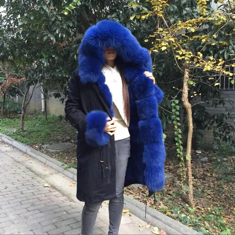 FLFP01 black-blue Fandy lokar натуральное меховое пальто, отделенная подкладка, натуральный мех кролика Рекс, парка из натурального Лисьего меха, черная куртка, зимнее пальто, длинное меховое пальто для женщин - Цвет: FLFP01 black-blue