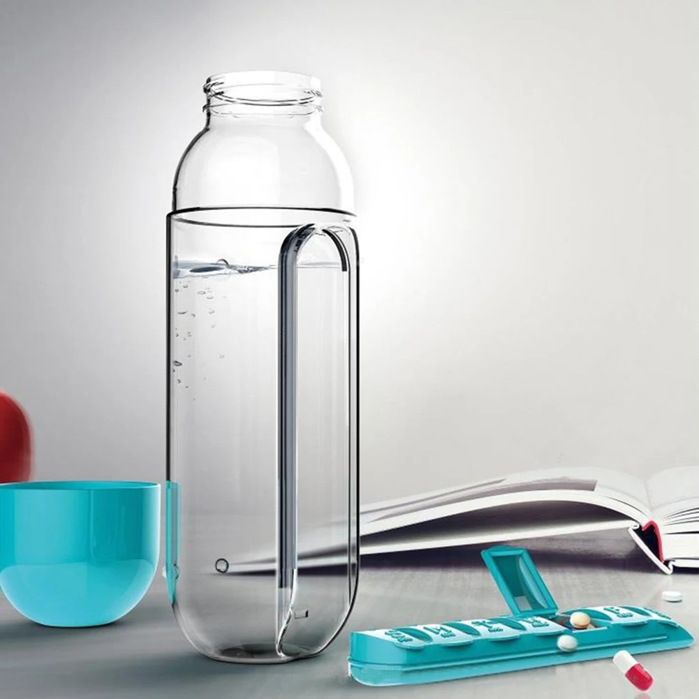 

New Portable 600ML Water Glass Bottle Pill Box 2 in 1 Outdoor Travel Water Bottle Medicine Cup Plastic Bottles