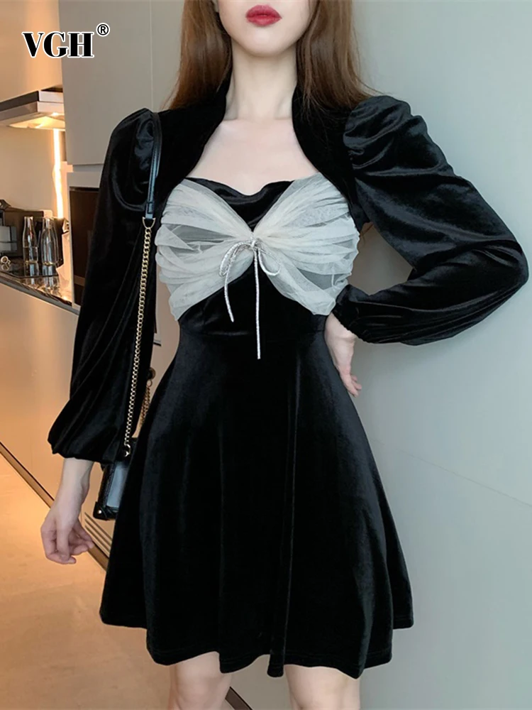 

VGH Casual Patchwork Colorblock Elegant Slim Dress Female Square Collar Long Sleeve Fashion Temperament Dresses For Women 2021