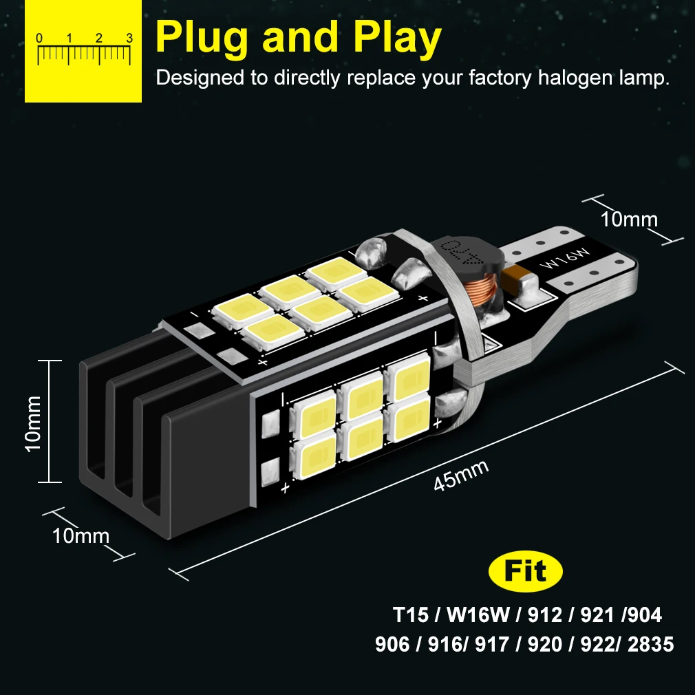 Светодиодный светильник T15 W16W 912 921 2 шт. 24SMD 2835 чипы автомобильная лампа Canbus OBC без