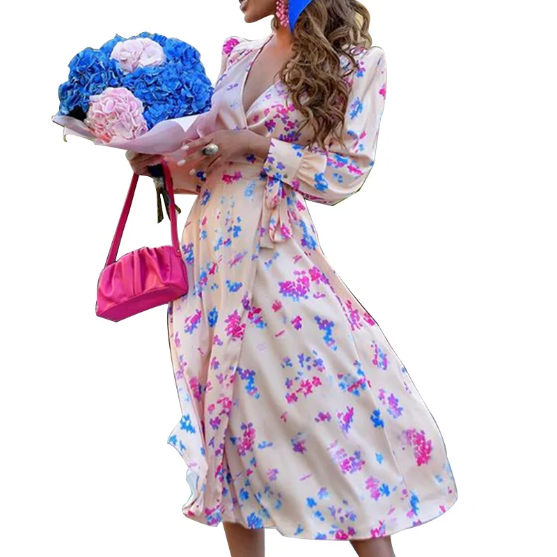 

Elegant Floral Print V Neck Dress Women Spring Autumn Long Sleeve Wrap A Line Dresses Party Female Retro Midi Vestidos 2021