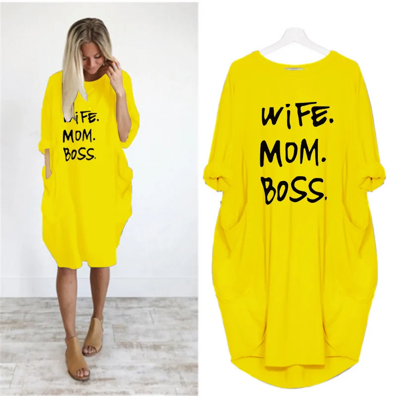 

Wife Mom Boss Fashion T-Shirt for Women Pocket Letters Print Top Punk Mother's Day Large Size 5XL