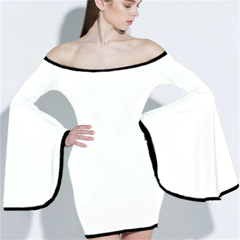 

2021 New Winter Off Shoulder Long Flare Sleeve Club Bandage Dress Sexy Women White Bodycon Party Dresses