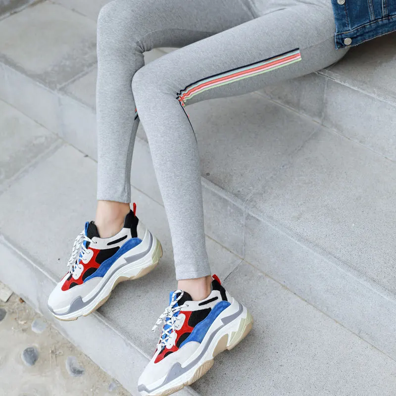 

Women Black Gray Leggings Skinny Pants Kawaii Cute Rainbow Stripe Legins Girl High Waist Cotton Legging Ladies Workout Leggings