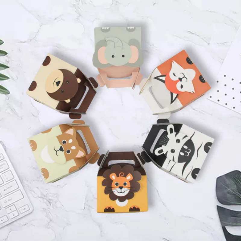 6/12pcs Cartoon Bear Fox Tiger Candy Bag Jungle Party Favors Gift Box Bag Treat Kids Birthday Cracker Food Box With Handle