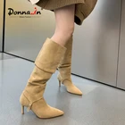 Ботинки женские высокие из натуральной кожи, с острым носком, на шпильке