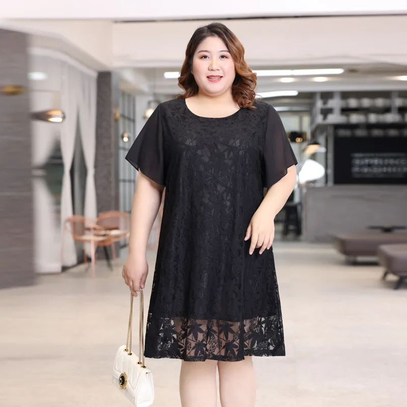 

2XL To 7XL Oversized Women Dress Chiffon Short Sleeve Lace Dresses Female Summer Black Thin O-neck A-line Casual Robes T6033