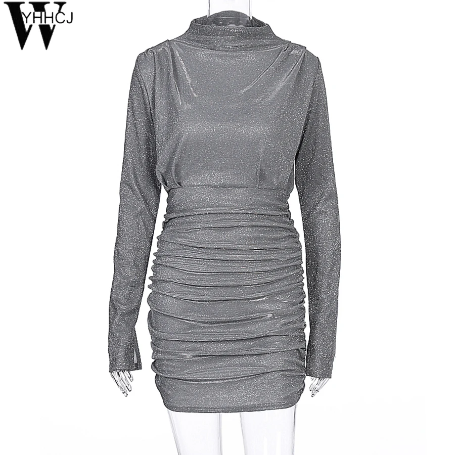 

WYHHCJ New 2019 long slit sleeve sequin ruched sexy mini dress autumn winter women Christmas party shining outfits vestidos