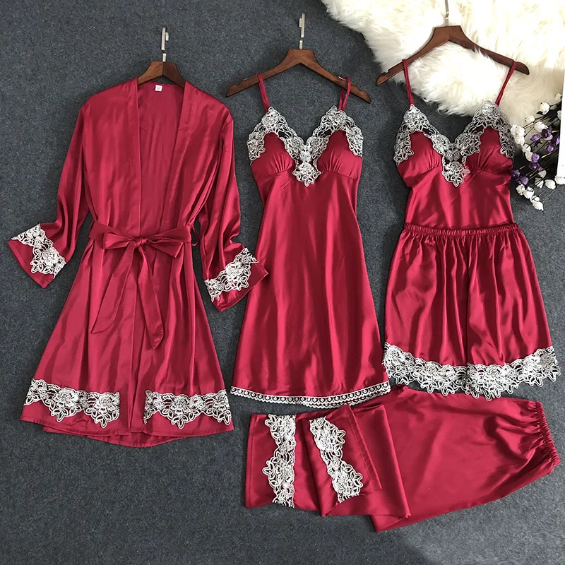 

Satin Silk Women Pajamas Set V-Neck Nighties Wear Home Negligee Nightwear Pijama Spring Nighty Robe Gown Suit Sleepwear