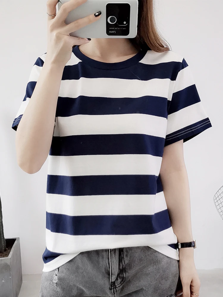 

Women Striped T-Shirts Classical Vintage Cotton Fashion Chic Elegant Loose Thin All-Match O-Neck Short Sleeve Comfortable Tees