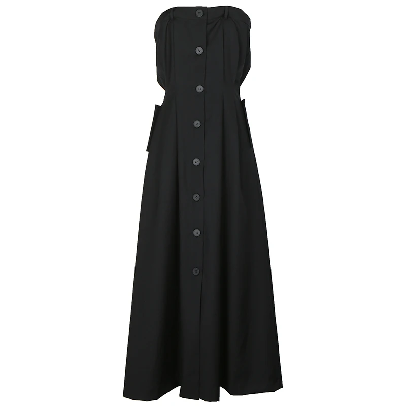 

[EAM] Women Black Button Temperament Long Strapless Dress New Sleeveless Loose Fit Fashion Tide Spring Autumn 2021 1DB618