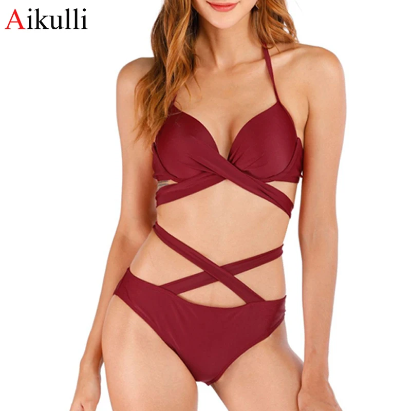 

2020 High Waist Bikini Sets Women Solid Bandage Hollow Swimwear Two-piece Swimsuit Summer Bathing Suit Female Bikinis Beachwear