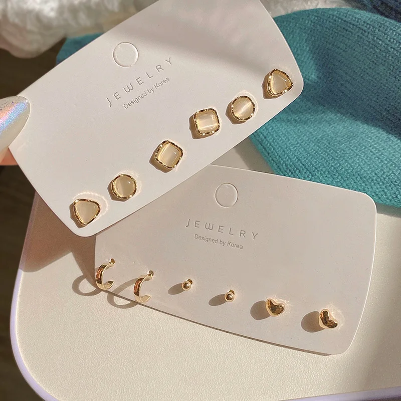 

3pairs/Set Geometric Opal Stud Earrings Round Simple Luxury Square Triangle Ear Studs Vintage Women Korean Fashion Jewelry Gifts
