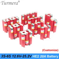 turmera 3s 4s 5s 6s battery 18650 he2 2500mah 5000mah 20a 35a 12v to 25 2v soldering battery for screwdriver shurika battery use