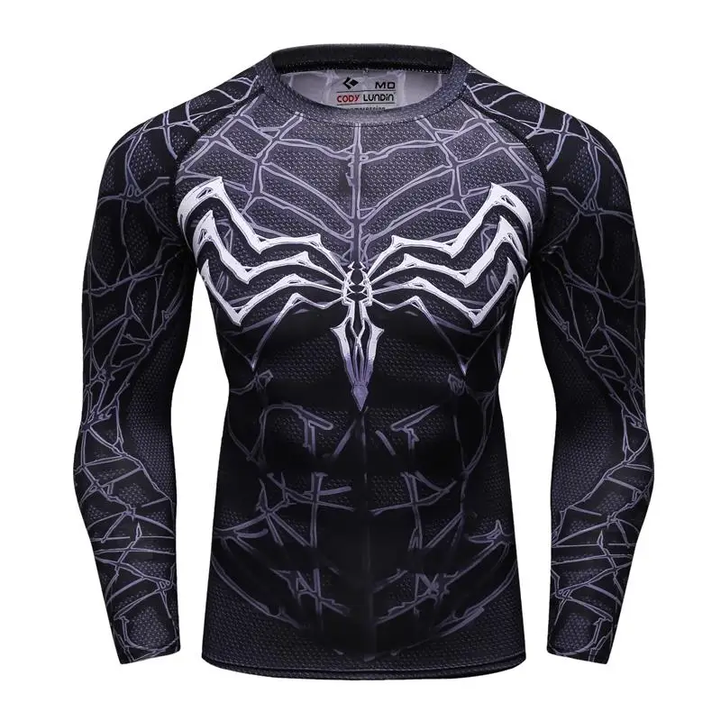 Черная Мужская компрессионная Футболка Venom Человек-паук футболки с длинными рукавами для фитнеса ММА Бодибилдинг спортивная одежда топы