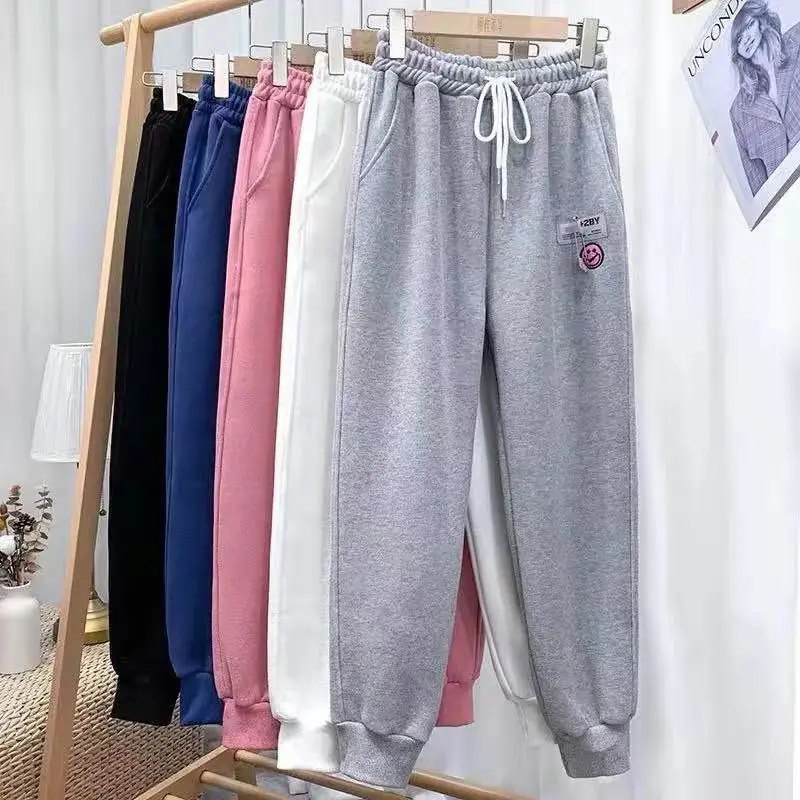 

Autumn Winter Women's Harem Pants Full Length Thick Fleece Trousers Soft Warm Fabric Pattern Pockets Design Sweatpants Female
