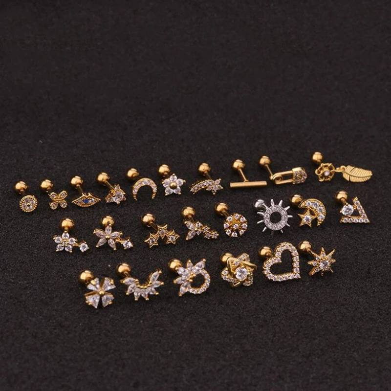 New Creative Flower Earrings Stainless Steel Screw Female Zircon Ear Bone Nails Foreign Trade Hot Puncture | Украшения и