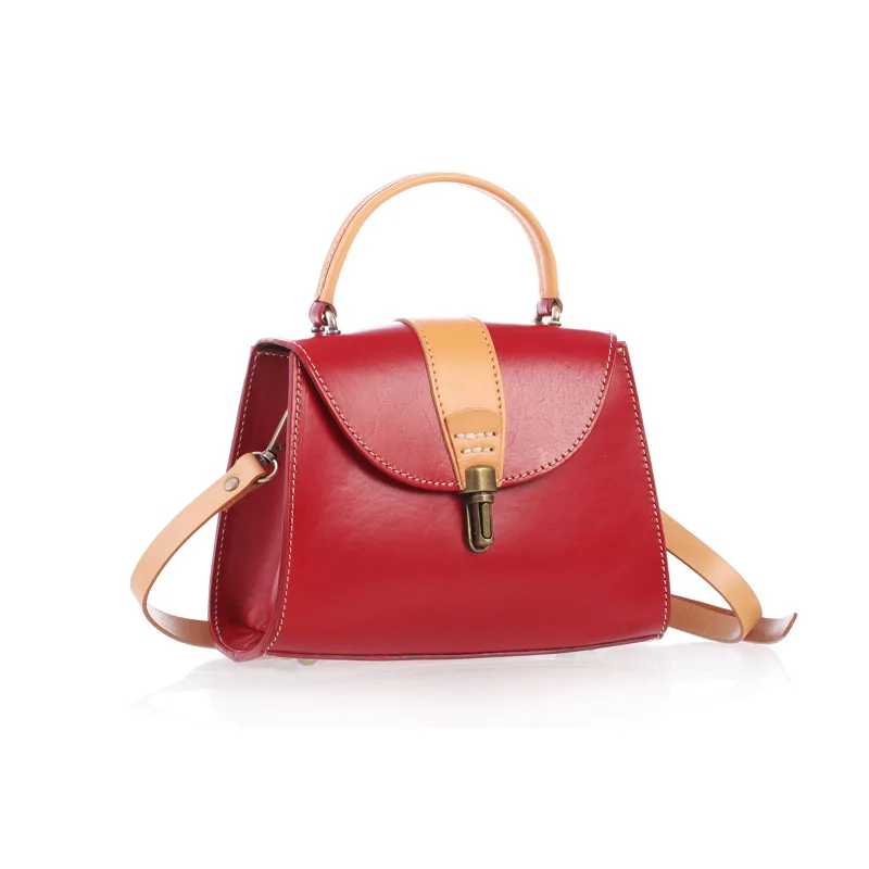 

2020 new original handmade women's bag vegetable tanning leather retro hand-held messenger bag leather contrast bag