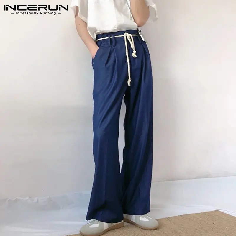 

Korean Style Stylish Male Straight Leg Pants Men All-match Pantalones Loose Tie Decoration Drape Wide Leg Trousers S-5XL INCERUN