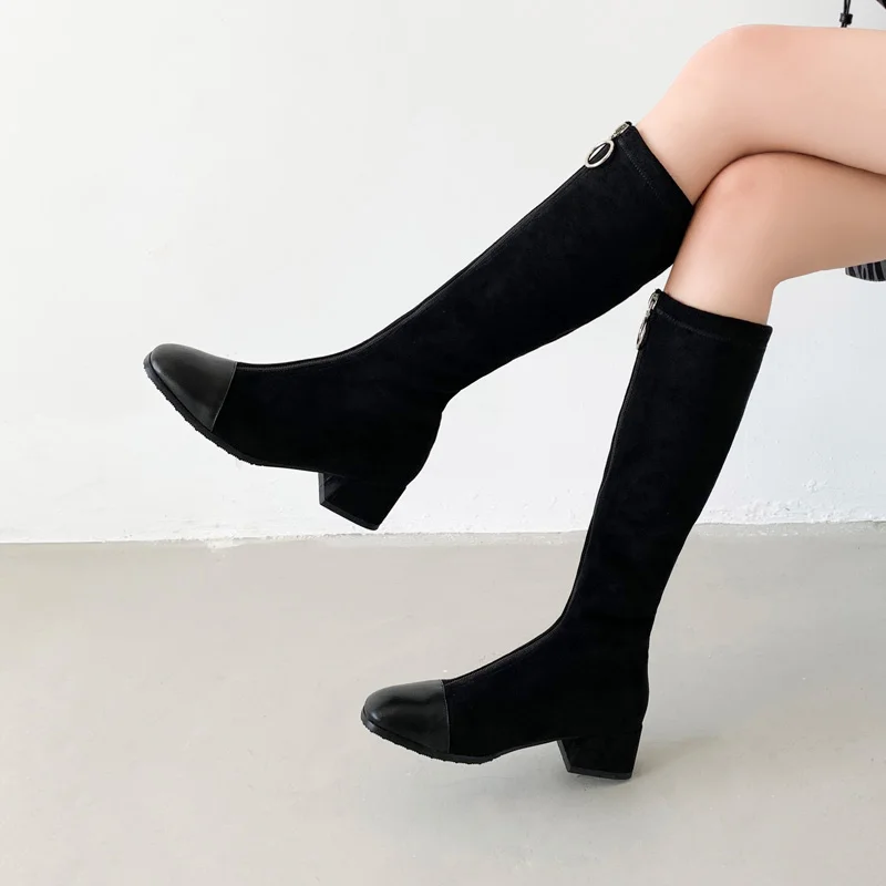 

Patchwork zippers women Knee High Boots 4cm med heels square Toe Shoes Woman Autumn Winter Wedding Office Lady Tight High Boots