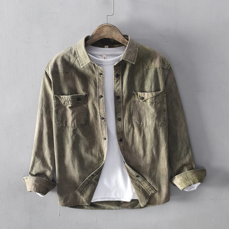 Мужская джинсовая рубашка с длинным рукавом Повседневная армейского зеленого