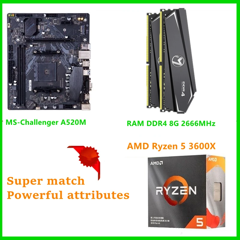 

MAXSUN Full New Challenger A520M Motherboard Combo RAM 2pcs x 8GB = 16GB DDR4 8G 2666MHz CPU Ryzen 5 3600X Combination packages