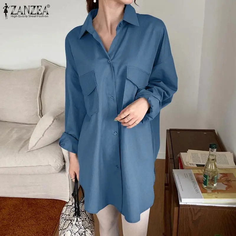 

Lady Irregular Pleated Blouse ZANZEA Casual Oversize Blusa 2022 Autumn Long Sleeve Blusa Fashion OL Lapel Tops Women Solid Shirt