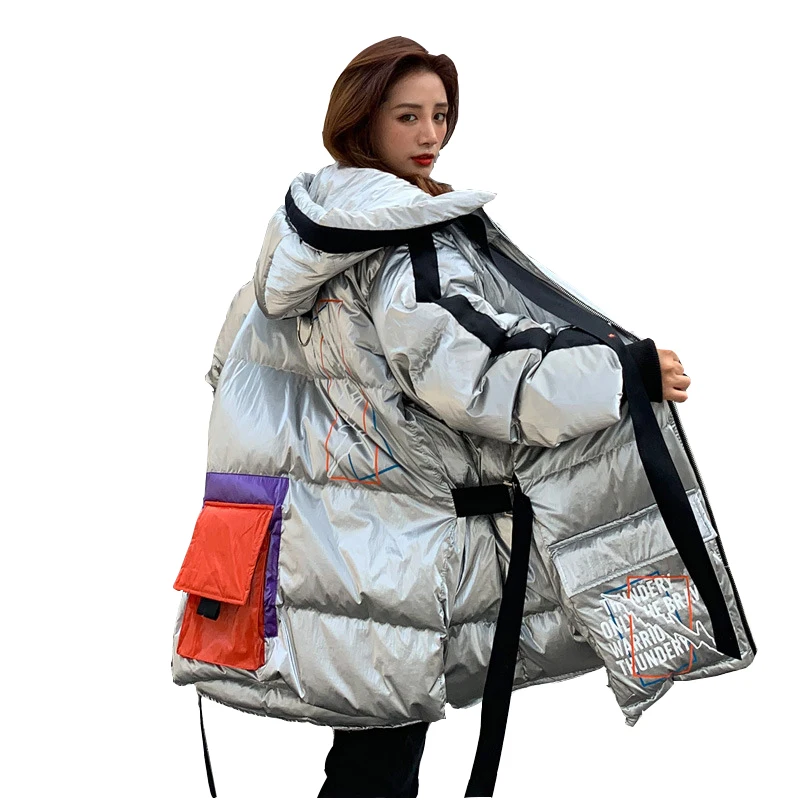 

New down jacket woman mid-length thicker street loose parker overcoat female personality big pocket hooded winter jackets female