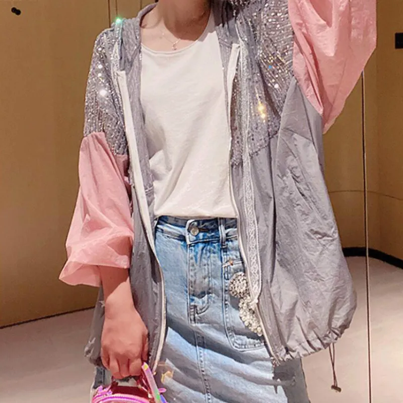 

Women Sequined Sunsreeen Shirts Loose Beading Jacket Summer Thin Drawstring Bomber Coat Sun Protection Zipper Cardigan Crop Tops