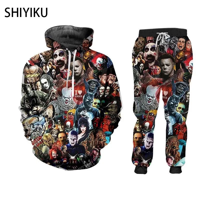 SHIYIKU 3D Print Brand Men Sets Skull Horror Mask Film Clown Funny Harajuku Winter Unisex Tracksuit Jacket Sweatsuit ZIP Hoodies