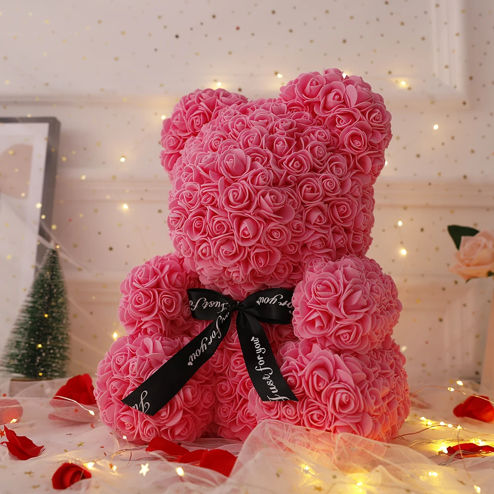 

25cm Handmade Rose Bear Valentines Day Pink Rose Teddy Bear Rose Flower Artificial Decoration New Year Gifts Women Valentines