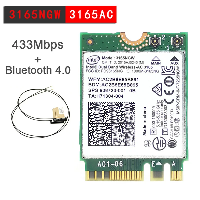 Cartão + Bluetooth Placa de Rede 5ghz sem Fio-ac Banda Dupla Intel 3165 Ngff 802.11ac Wifi 3165ngw M.2 Wlan 4.0 2 Antena 2.4g –
