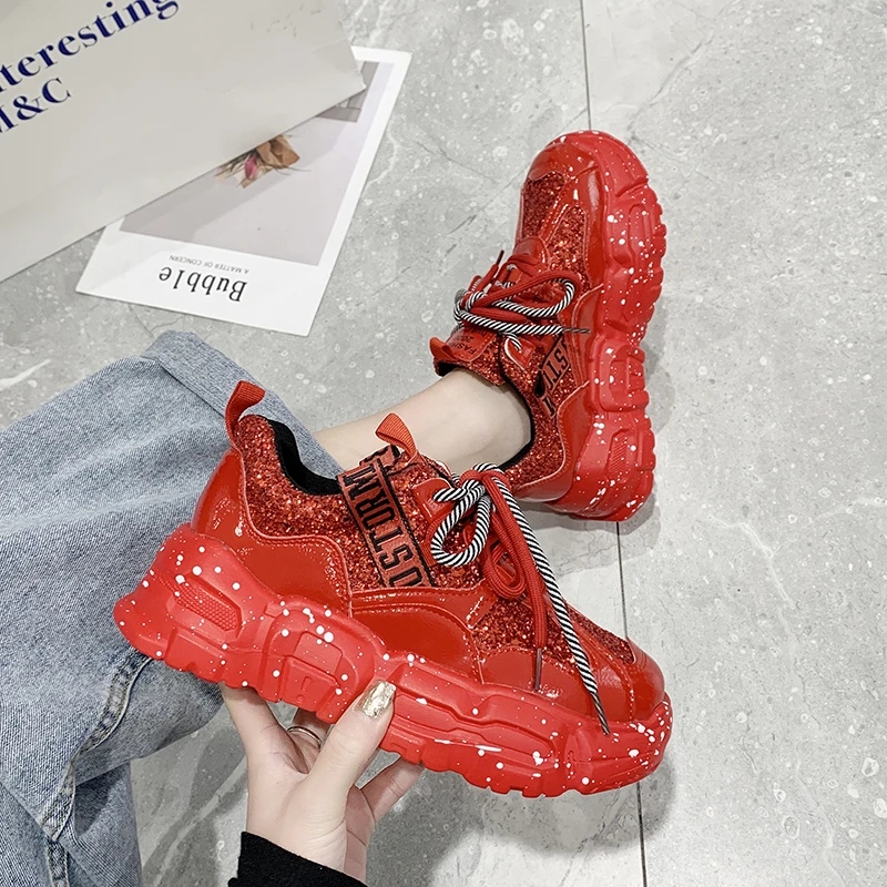 

2020 Women Chunky Platform Sneakers Designers Fashion Lace Up Red Black Casual Shoes Tenis Female Bling Leather Vulcanized Shoes