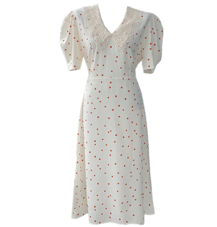 

2020 summer lace stitching v-neck printed dress women vintage puff short sleeve slim a-line dress