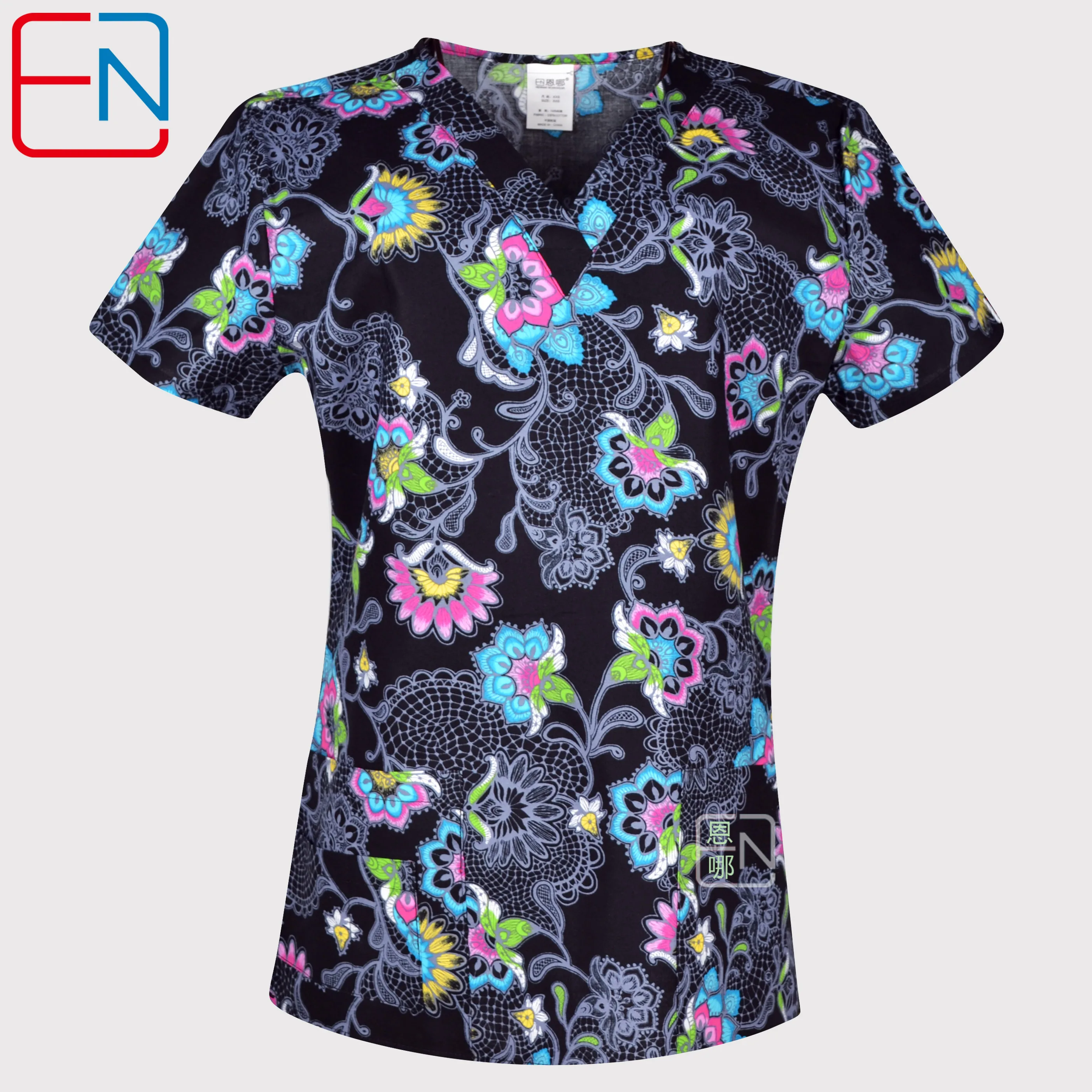 Hennar Для женщин скраб-топ 100% принт хлопчатобумажная Униформа с v-образным вырезом