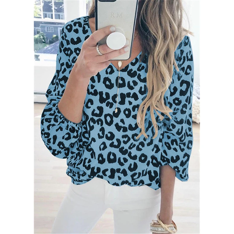 

Women Leopard V-Neck T-Shirt Spring Autumn Lantern Long Sleeve Vintage Elastic 2020 Casual Female Tops Tee Plus Size 2XL SJ6105C