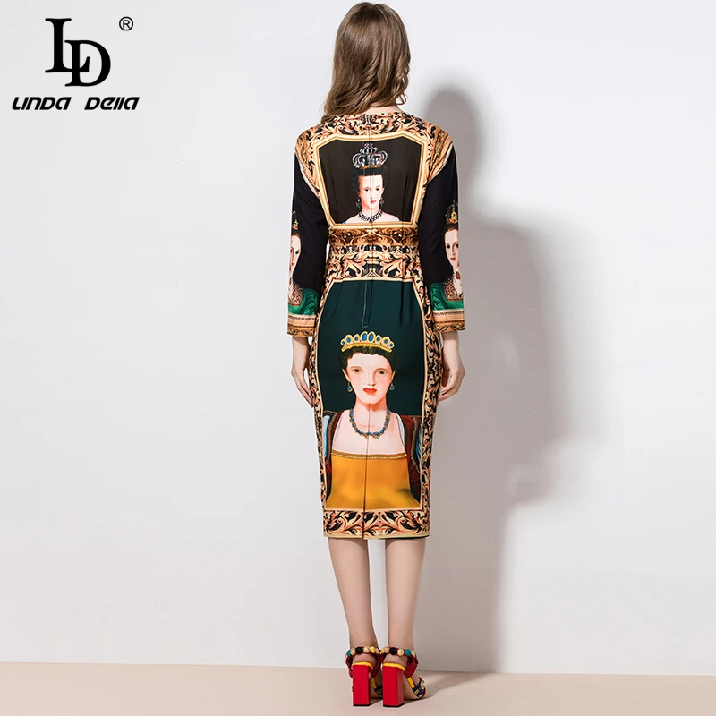

LD LINDA DELLA 2021 Fashion Runway Summer Dress Women's Long Sleeve Ethnic Retro Character Print Midi Elegant Vintage Dress